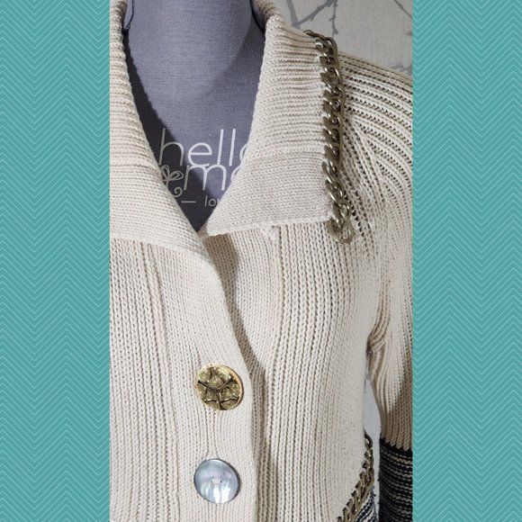 Pure Handknit Chunky Knit Button Front Cardigan w/ Chainlink Detail - Picture 2 of 5